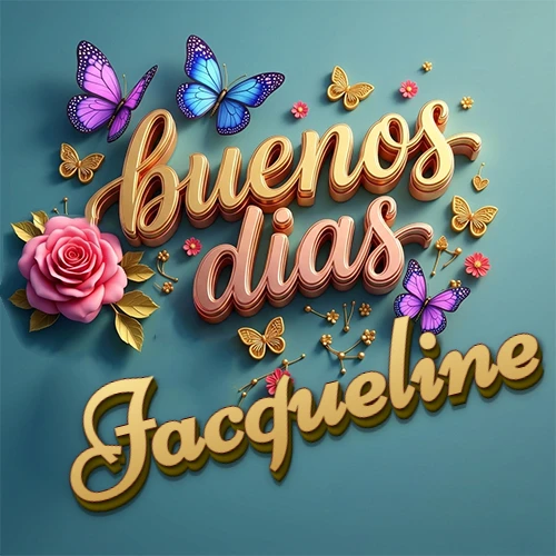 Fondo azul cielo con rosas rosadas y mariposas de colores, frase 'Buenos Días' en dorado 3D, nombre en dorado cursiva abajo. Nombre personalizado: Jacqueline.