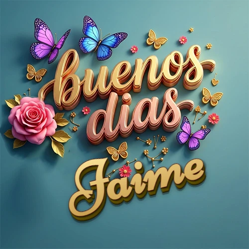 Fondo azul cielo con rosas rosadas y mariposas de colores, frase 'Buenos Días' en dorado 3D, nombre en dorado cursiva abajo. Nombre personalizado: Jaime.