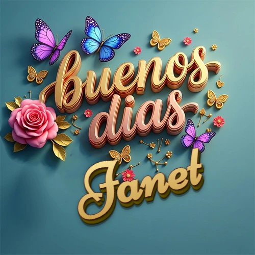 Fondo azul cielo con rosas rosadas y mariposas de colores, frase 'Buenos Días' en dorado 3D, nombre en dorado cursiva abajo. Nombre personalizado: Janet.