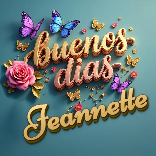 Fondo azul cielo con rosas rosadas y mariposas de colores, frase 'Buenos Días' en dorado 3D, nombre en dorado cursiva abajo. Nombre personalizado: Jeannette.
