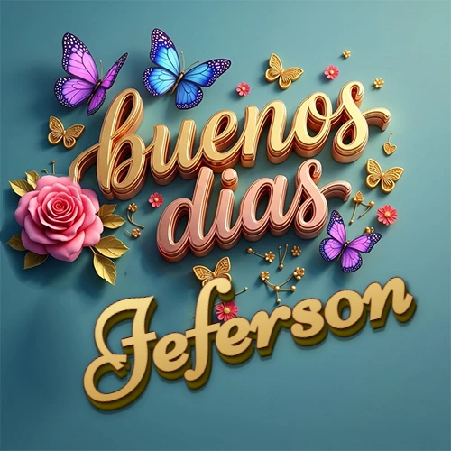 Fondo azul cielo con rosas rosadas y mariposas de colores, frase 'Buenos Días' en dorado 3D, nombre en dorado cursiva abajo. Nombre personalizado: Jeferson.