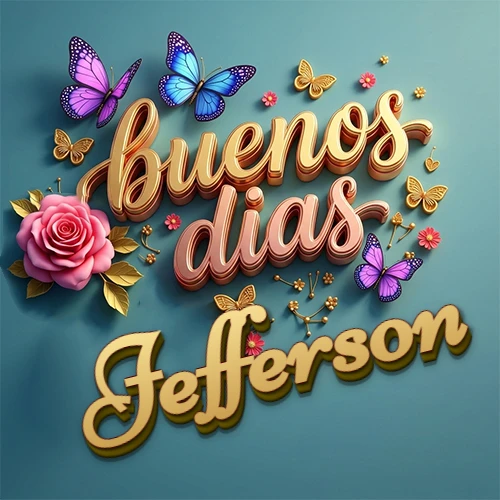 Fondo azul cielo con rosas rosadas y mariposas de colores, frase 'Buenos Días' en dorado 3D, nombre en dorado cursiva abajo. Nombre personalizado: Jefferson.