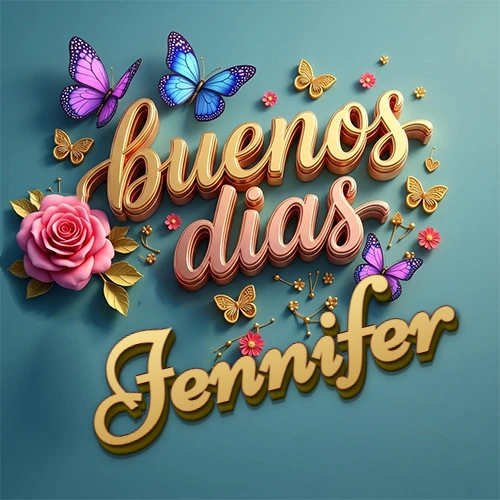 Fondo azul cielo con rosas rosadas y mariposas de colores, frase 'Buenos Días' en dorado 3D, nombre en dorado cursiva abajo. Nombre personalizado: Jennifer.
