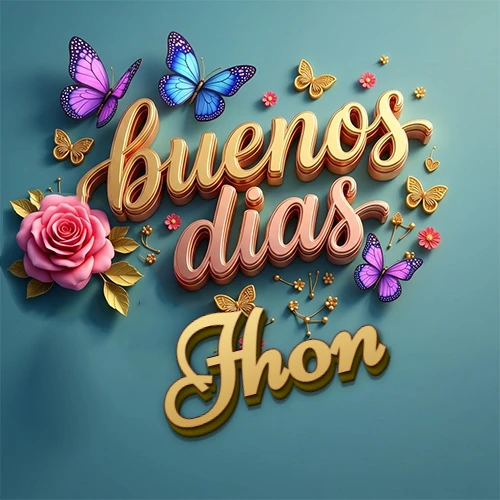 Fondo azul cielo con rosas rosadas y mariposas de colores, frase 'Buenos Días' en dorado 3D, nombre en dorado cursiva abajo. Nombre personalizado: Jhon.