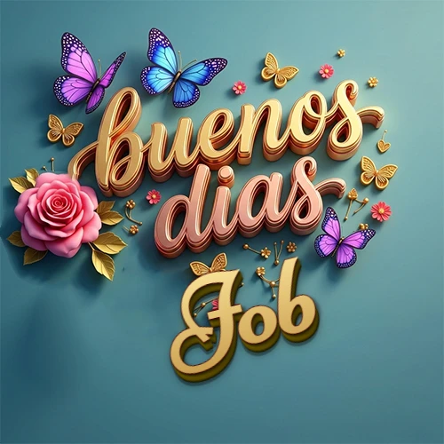 Fondo azul cielo con rosas rosadas y mariposas de colores, frase 'Buenos Días' en dorado 3D, nombre en dorado cursiva abajo. Nombre personalizado: Job.
