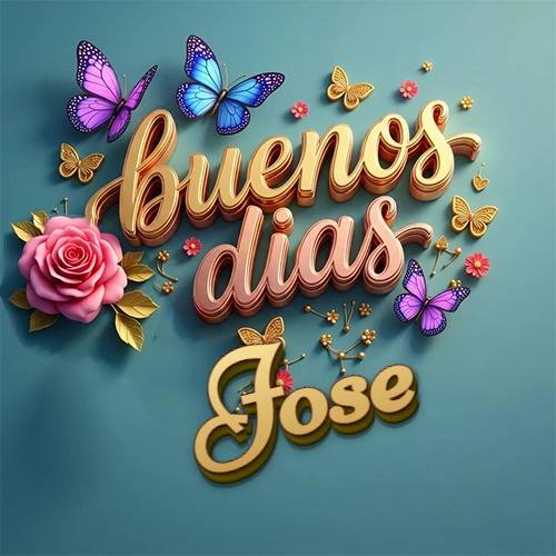 Fondo azul cielo con rosas rosadas y mariposas de colores, frase 'Buenos Días' en dorado 3D, nombre en dorado cursiva abajo. Nombre personalizado: Jose.