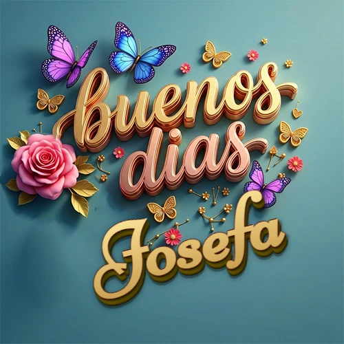 Fondo azul cielo con rosas rosadas y mariposas de colores, frase 'Buenos Días' en dorado 3D, nombre en dorado cursiva abajo. Nombre personalizado: Josefa. Fondo azul cielo con rosas rosadas y mariposas de colores, frase 'Buenos Días' en dorado 3D, nombre en dorado cursiva abajo. Nombre personalizado: Josefa.
