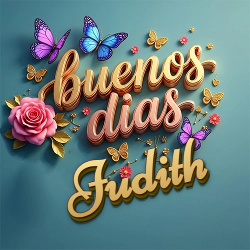 Fondo azul cielo con rosas rosadas y mariposas de colores, frase 'Buenos Días' en dorado 3D, nombre en dorado cursiva abajo. Nombre personalizado: Judith.