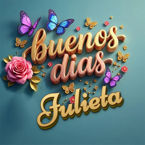 Fondo azul cielo con rosas rosadas y mariposas de colores, frase 'Buenos Días' en dorado 3D, nombre en dorado cursiva abajo. Nombre personalizado: Julieta.