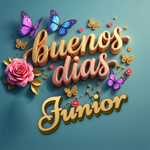 Fondo azul cielo con rosas rosadas y mariposas de colores, frase 'Buenos Días' en dorado 3D, nombre en dorado cursiva abajo. Nombre personalizado: Junior.