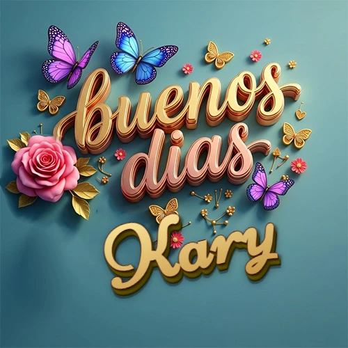 Fondo azul cielo con rosas rosadas y mariposas de colores, frase 'Buenos Días' en dorado 3D, nombre en dorado cursiva abajo. Nombre personalizado: Kary.