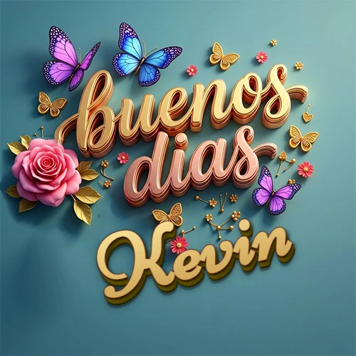 Fondo azul cielo con rosas rosadas y mariposas de colores, frase 'Buenos Días' en dorado 3D, nombre en dorado cursiva abajo. Nombre personalizado: Kevin.