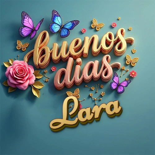 Fondo azul cielo con rosas rosadas y mariposas de colores, frase 'Buenos Días' en dorado 3D, nombre en dorado cursiva abajo. Nombre personalizado: Lara.