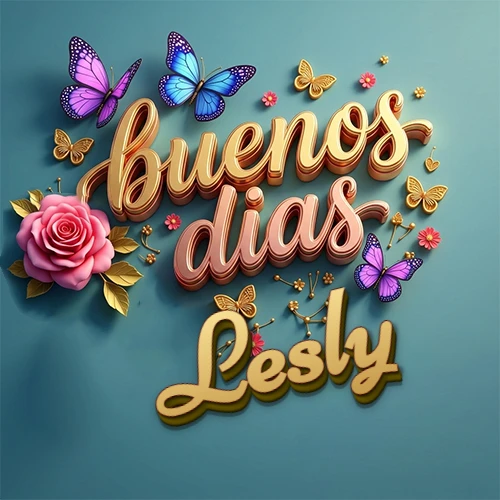 Fondo azul cielo con rosas rosadas y mariposas de colores, frase 'Buenos Días' en dorado 3D, nombre en dorado cursiva abajo. Nombre personalizado: Lesly.
