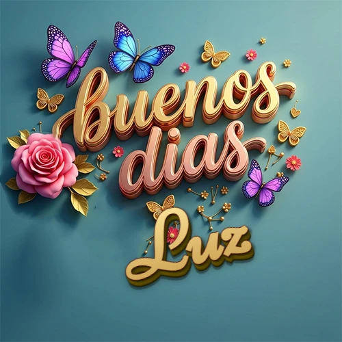 Fondo azul cielo con rosas rosadas y mariposas de colores, frase 'Buenos Días' en dorado 3D, nombre en dorado cursiva abajo. Nombre personalizado: Luz.