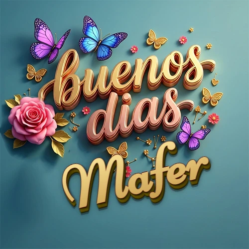 Fondo azul cielo con rosas rosadas y mariposas de colores, frase 'Buenos Días' en dorado 3D, nombre en dorado cursiva abajo. Nombre personalizado: Mafer. Fondo azul cielo con rosas rosadas y mariposas de colores, frase 'Buenos Días' en dorado 3D, nombre en dorado cursiva abajo. Nombre personalizado: Mafer.