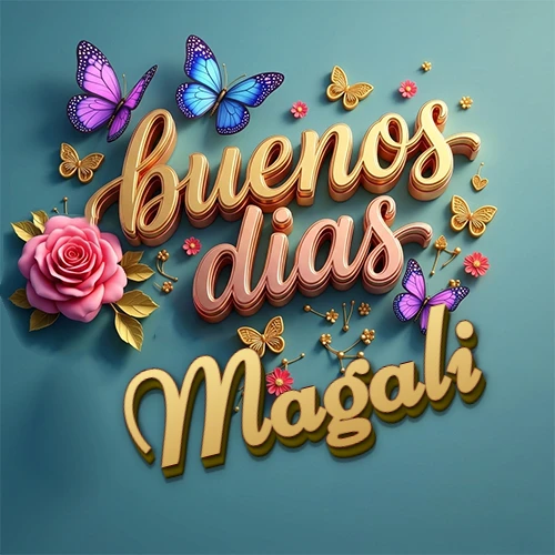 Fondo azul cielo con rosas rosadas y mariposas de colores, frase 'Buenos Días' en dorado 3D, nombre en dorado cursiva abajo. Nombre personalizado: Magali.