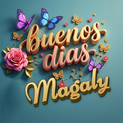 Fondo azul cielo con rosas rosadas y mariposas de colores, frase 'Buenos Días' en dorado 3D, nombre en dorado cursiva abajo. Nombre personalizado: Magaly.