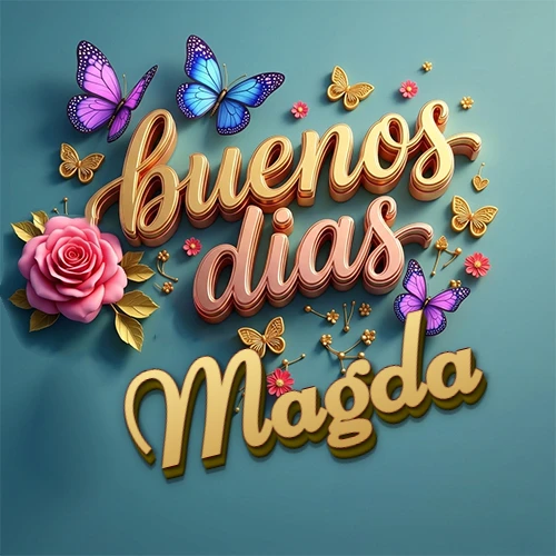 Fondo azul cielo con rosas rosadas y mariposas de colores, frase 'Buenos Días' en dorado 3D, nombre en dorado cursiva abajo. Nombre personalizado: Magda.