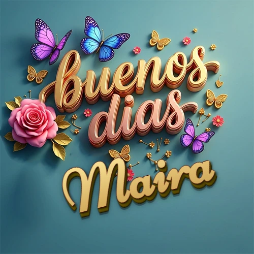 Fondo azul cielo con rosas rosadas y mariposas de colores, frase 'Buenos Días' en dorado 3D, nombre en dorado cursiva abajo. Nombre personalizado: Maira.