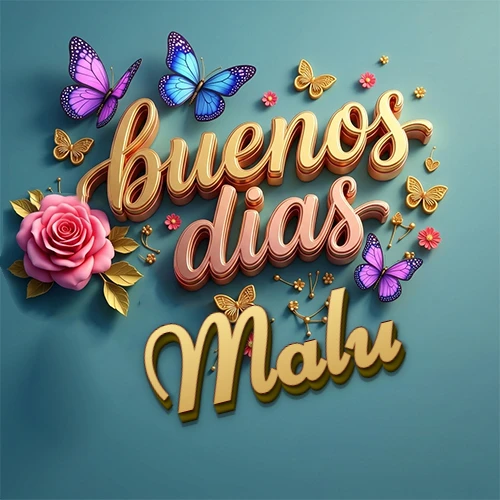Fondo azul cielo con rosas rosadas y mariposas de colores, frase 'Buenos Días' en dorado 3D, nombre en dorado cursiva abajo. Nombre personalizado: Malu.