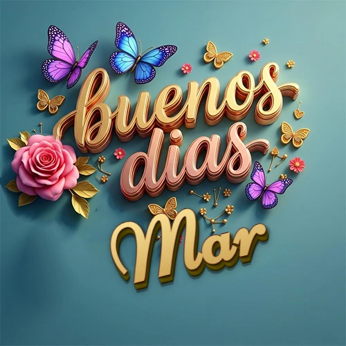 Fondo azul cielo con rosas rosadas y mariposas de colores, frase 'Buenos Días' en dorado 3D, nombre en dorado cursiva abajo. Nombre personalizado: Mar. Fondo azul cielo con rosas rosadas y mariposas de colores, frase 'Buenos Días' en dorado 3D, nombre en dorado cursiva abajo. Nombre personalizado: Mar.