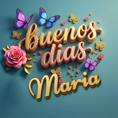 Fondo azul cielo con rosas rosadas y mariposas de colores, frase 'Buenos Días' en dorado 3D, nombre en dorado cursiva abajo. Nombre personalizado: Maria. Fondo azul cielo con rosas rosadas y mariposas de colores, frase 'Buenos Días' en dorado 3D, nombre en dorado cursiva abajo. Nombre personalizado: Maria.