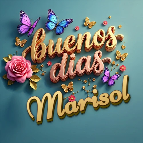 Fondo azul cielo con rosas rosadas y mariposas de colores, frase 'Buenos Días' en dorado 3D, nombre en dorado cursiva abajo. Nombre personalizado: Marisol.