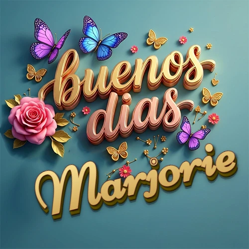 Fondo azul cielo con rosas rosadas y mariposas de colores, frase 'Buenos Días' en dorado 3D, nombre en dorado cursiva abajo. Nombre personalizado: Marjorie.