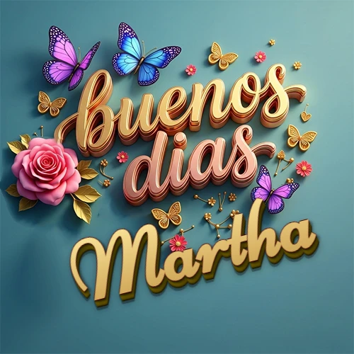 Fondo azul cielo con rosas rosadas y mariposas de colores, frase 'Buenos Días' en dorado 3D, nombre en dorado cursiva abajo. Nombre personalizado: Martha.