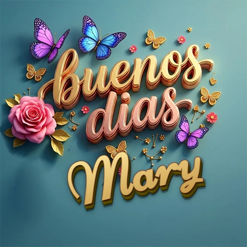 Fondo azul cielo con rosas rosadas y mariposas de colores, frase 'Buenos Días' en dorado 3D, nombre en dorado cursiva abajo. Nombre personalizado: Mary.