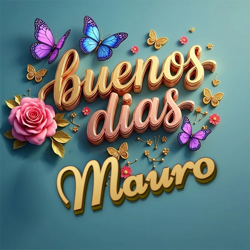 Fondo azul cielo con rosas rosadas y mariposas de colores, frase 'Buenos Días' en dorado 3D, nombre en dorado cursiva abajo. Nombre personalizado: Mauro.