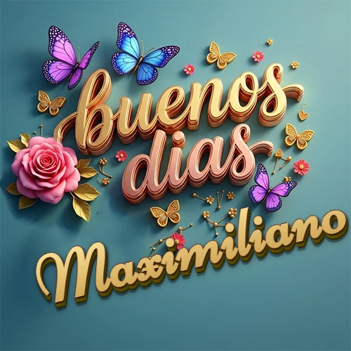 Fondo azul cielo con rosas rosadas y mariposas de colores, frase 'Buenos Días' en dorado 3D, nombre en dorado cursiva abajo. Nombre personalizado: Maximiliano.
