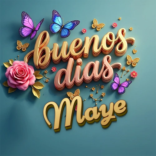 Fondo azul cielo con rosas rosadas y mariposas de colores, frase 'Buenos Días' en dorado 3D, nombre en dorado cursiva abajo. Nombre personalizado: Maye.