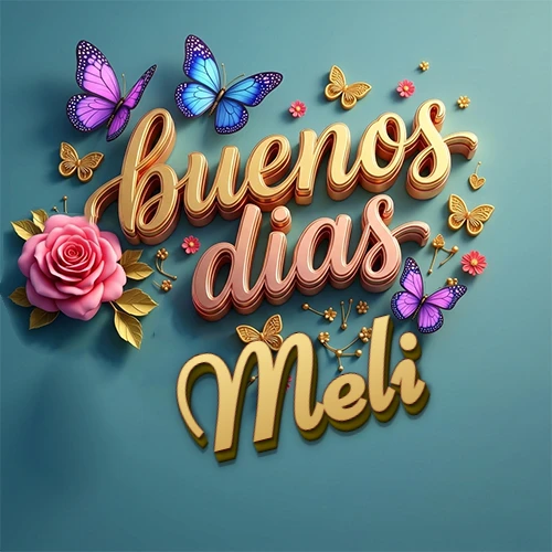 Fondo azul cielo con rosas rosadas y mariposas de colores, frase 'Buenos Días' en dorado 3D, nombre en dorado cursiva abajo. Nombre personalizado: Meli.