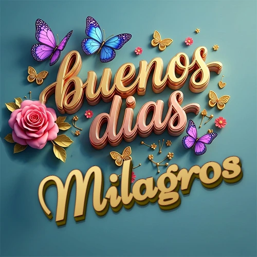 Fondo azul cielo con rosas rosadas y mariposas de colores, frase 'Buenos Días' en dorado 3D, nombre en dorado cursiva abajo. Nombre personalizado: Milagros.