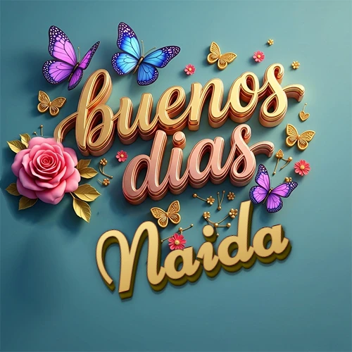 Fondo azul cielo con rosas rosadas y mariposas de colores, frase 'Buenos Días' en dorado 3D, nombre en dorado cursiva abajo. Nombre personalizado: Naida. Fondo azul cielo con rosas rosadas y mariposas de colores, frase 'Buenos Días' en dorado 3D, nombre en dorado cursiva abajo. Nombre personalizado: Naida.