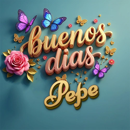 Fondo azul cielo con rosas rosadas y mariposas de colores, frase 'Buenos Días' en dorado 3D, nombre en dorado cursiva abajo. Nombre personalizado: Pepe.