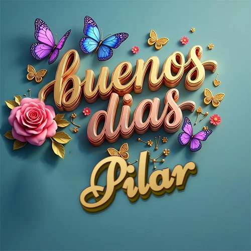 Fondo azul cielo con rosas rosadas y mariposas de colores, frase 'Buenos Días' en dorado 3D, nombre en dorado cursiva abajo. Nombre personalizado: Pilar.