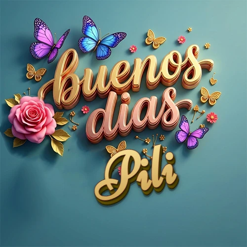 Fondo azul cielo con rosas rosadas y mariposas de colores, frase 'Buenos Días' en dorado 3D, nombre en dorado cursiva abajo. Nombre personalizado: Pili.