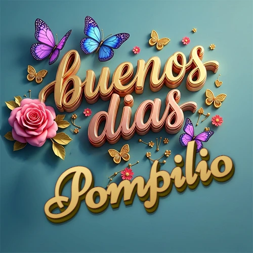 Fondo azul cielo con rosas rosadas y mariposas de colores, frase 'Buenos Días' en dorado 3D, nombre en dorado cursiva abajo. Nombre personalizado: Pompilio.