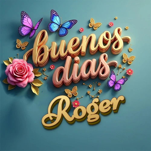 Fondo azul cielo con rosas rosadas y mariposas de colores, frase 'Buenos Días' en dorado 3D, nombre en dorado cursiva abajo. Nombre personalizado: Roger.