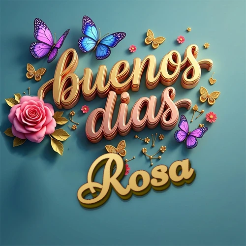 Fondo azul cielo con rosas rosadas y mariposas de colores, frase 'Buenos Días' en dorado 3D, nombre en dorado cursiva abajo. Nombre personalizado: Rosa.