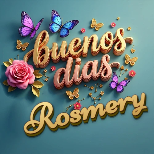 Fondo azul cielo con rosas rosadas y mariposas de colores, frase 'Buenos Días' en dorado 3D, nombre en dorado cursiva abajo. Nombre personalizado: Rosmery.