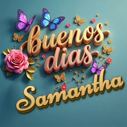 Fondo azul cielo con rosas rosadas y mariposas de colores, frase 'Buenos Días' en dorado 3D, nombre en dorado cursiva abajo. Nombre personalizado: Samantha.