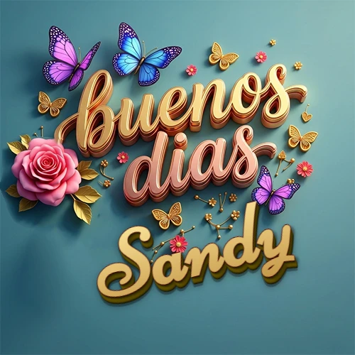 Fondo azul cielo con rosas rosadas y mariposas de colores, frase 'Buenos Días' en dorado 3D, nombre en dorado cursiva abajo. Nombre personalizado: Sandy.