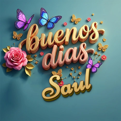 Fondo azul cielo con rosas rosadas y mariposas de colores, frase 'Buenos Días' en dorado 3D, nombre en dorado cursiva abajo. Nombre personalizado: Saul. Fondo azul cielo con rosas rosadas y mariposas de colores, frase 'Buenos Días' en dorado 3D, nombre en dorado cursiva abajo. Nombre personalizado: Saul.