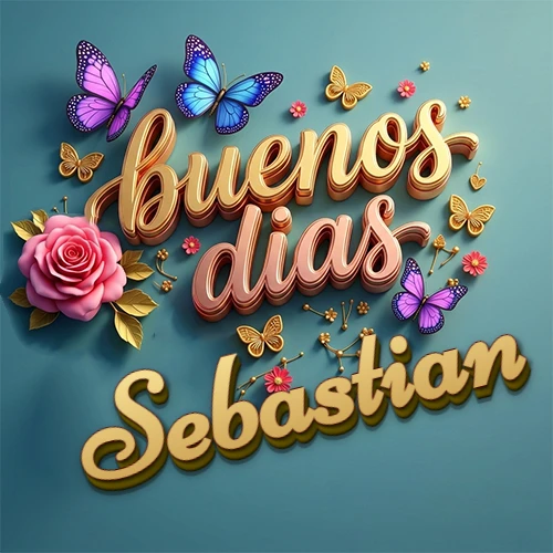 Fondo azul cielo con rosas rosadas y mariposas de colores, frase 'Buenos Días' en dorado 3D, nombre en dorado cursiva abajo. Nombre personalizado: Sebastian. Fondo azul cielo con rosas rosadas y mariposas de colores, frase 'Buenos Días' en dorado 3D, nombre en dorado cursiva abajo. Nombre personalizado: Sebastian.