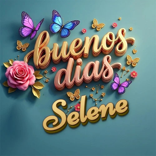 Fondo azul cielo con rosas rosadas y mariposas de colores, frase 'Buenos Días' en dorado 3D, nombre en dorado cursiva abajo. Nombre personalizado: Selene.