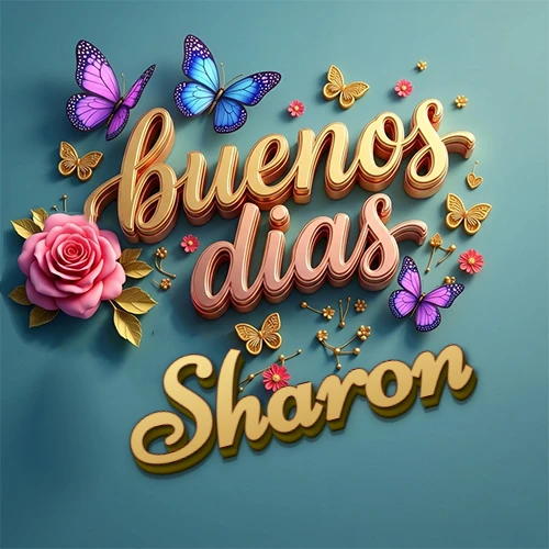 Fondo azul cielo con rosas rosadas y mariposas de colores, frase 'Buenos Días' en dorado 3D, nombre en dorado cursiva abajo. Nombre personalizado: Sharon.